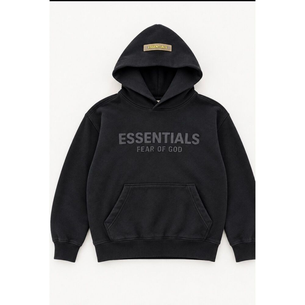 Fear of God ESSENTIALS Kids Black Hoodie XS 4/5 Logo Pullover FOG